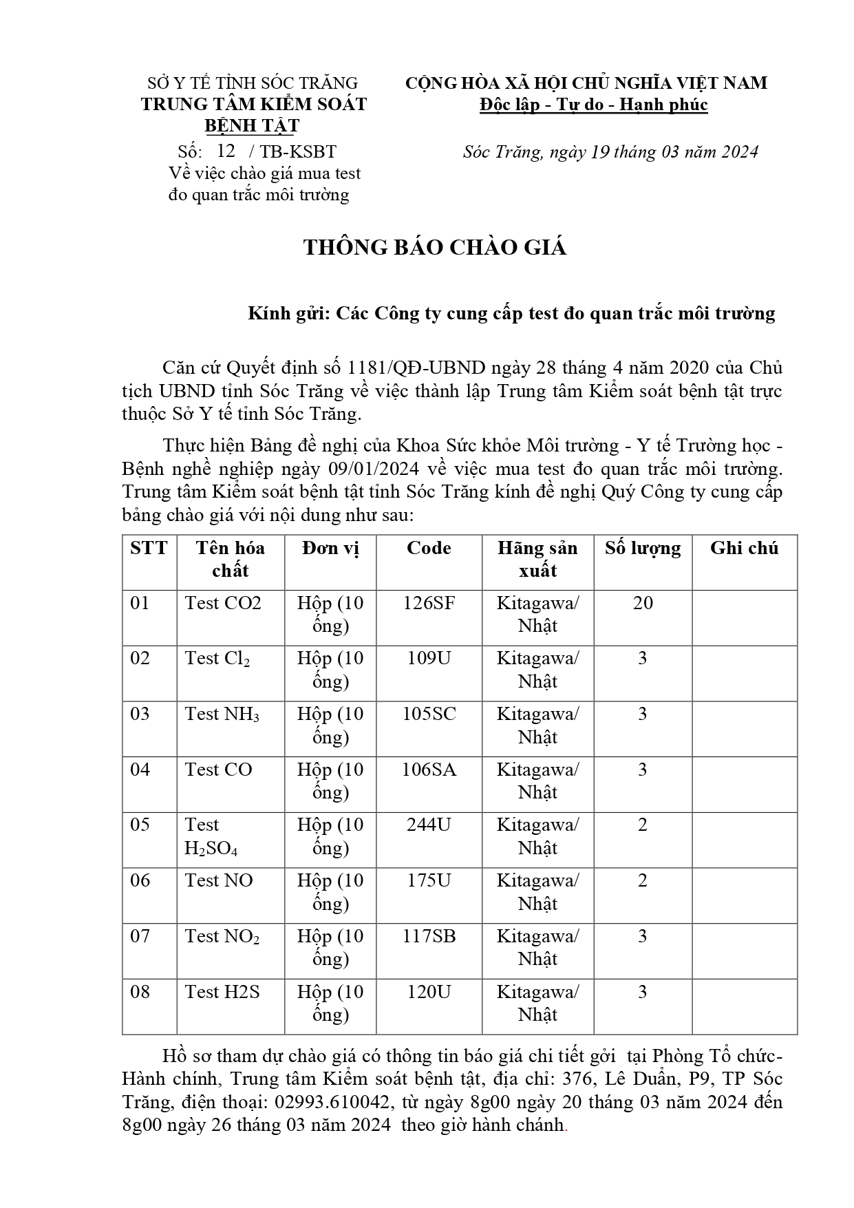 Thông báo về việc chào giá mua test đo quan trắc môi trường