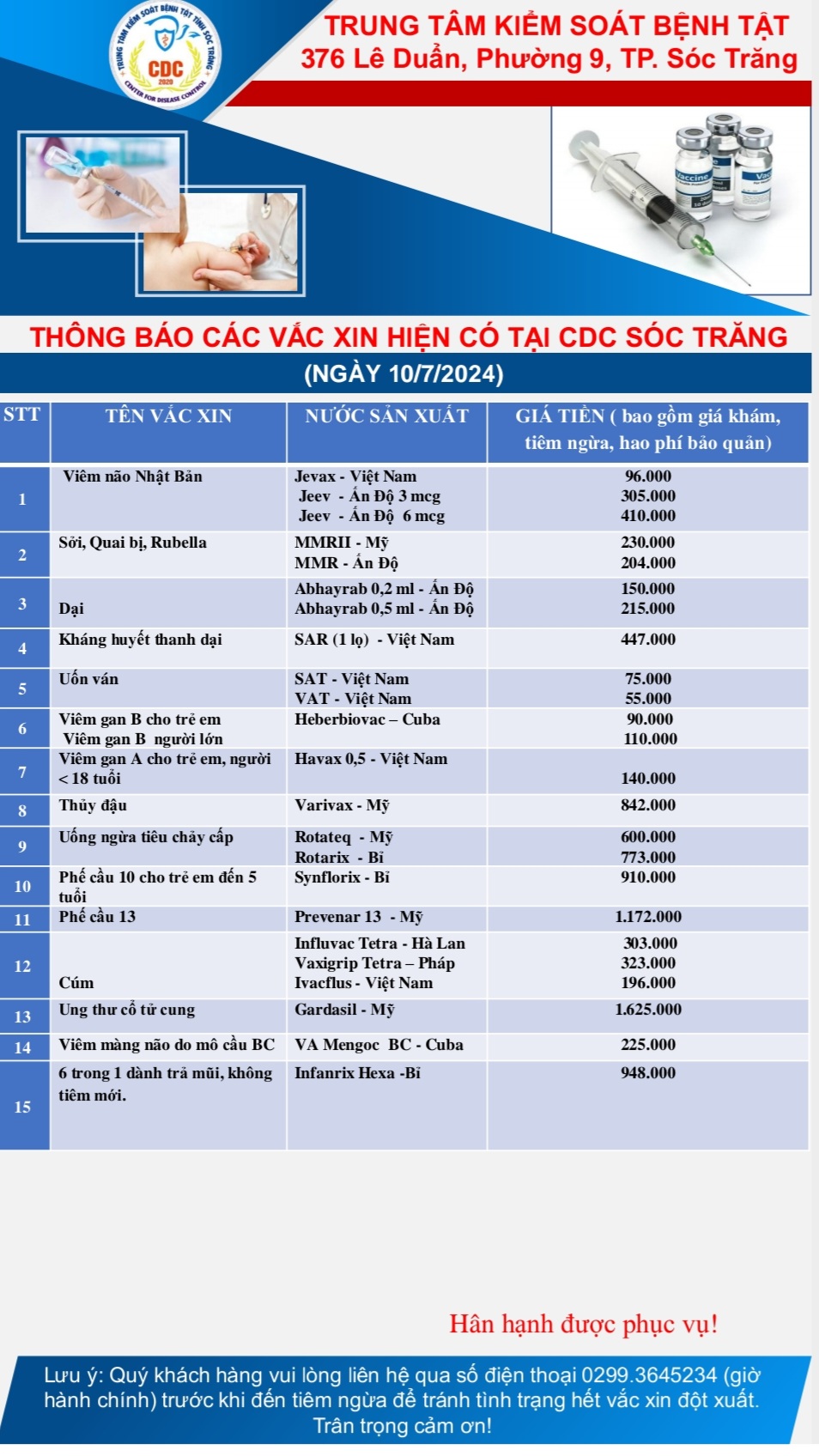 Thông báo các vắc xin hiện có tại CDC Sóc Trăng ngày 10/7/2024