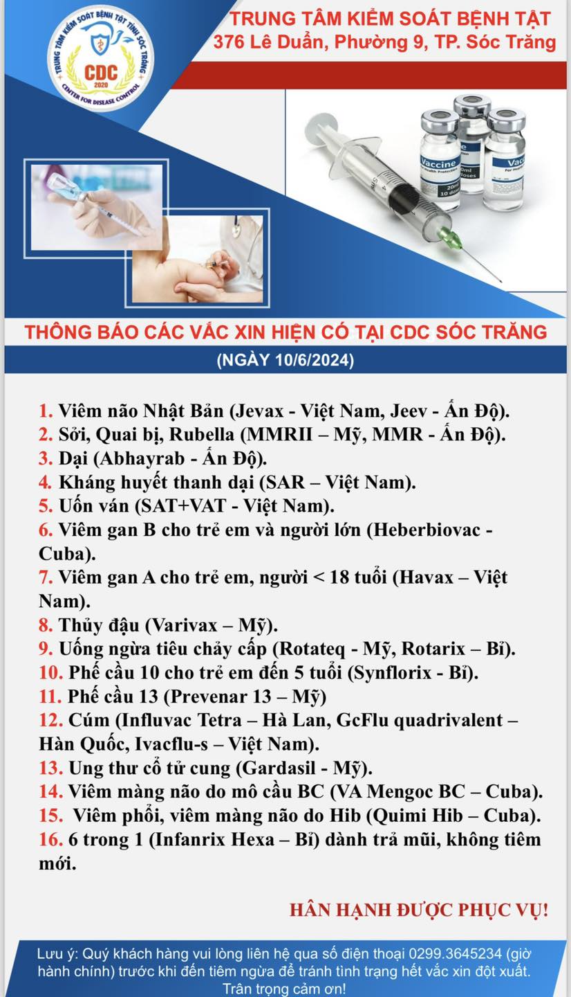 Thông báo các vắc xin hiện có tại CDC Sóc Trăng ngày 10/6/2024