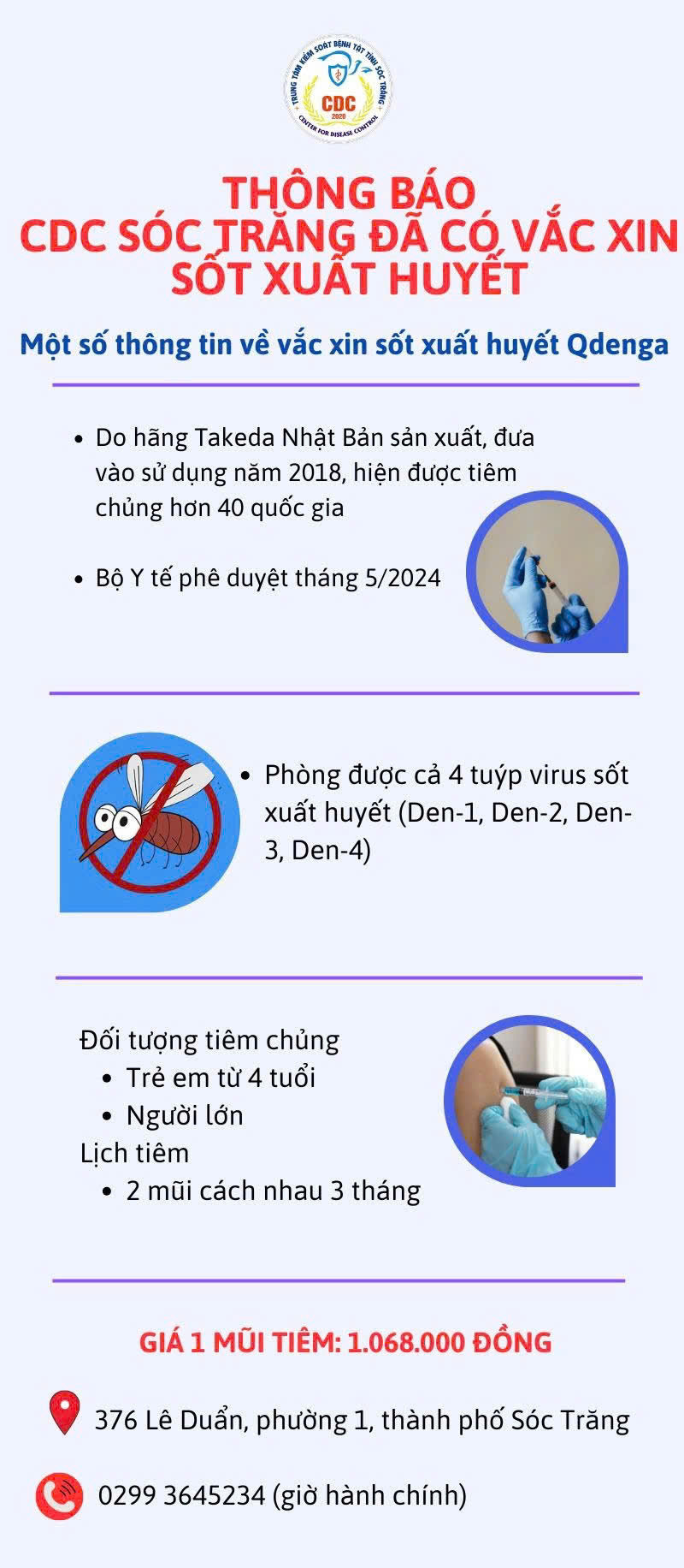 Thông báo CDC Sóc Trăng đã có vắc xin sốt xuất huyết