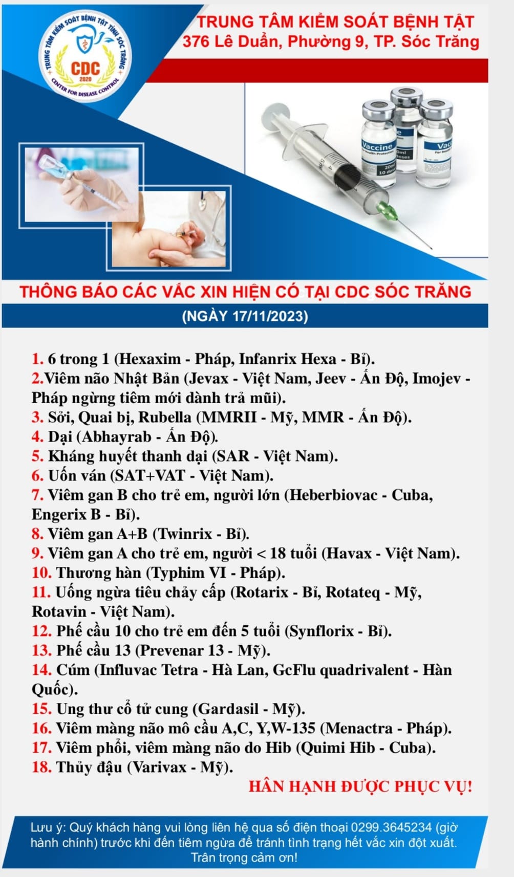 Thông báo các vắc xin hiện có ngày 17/11/2023