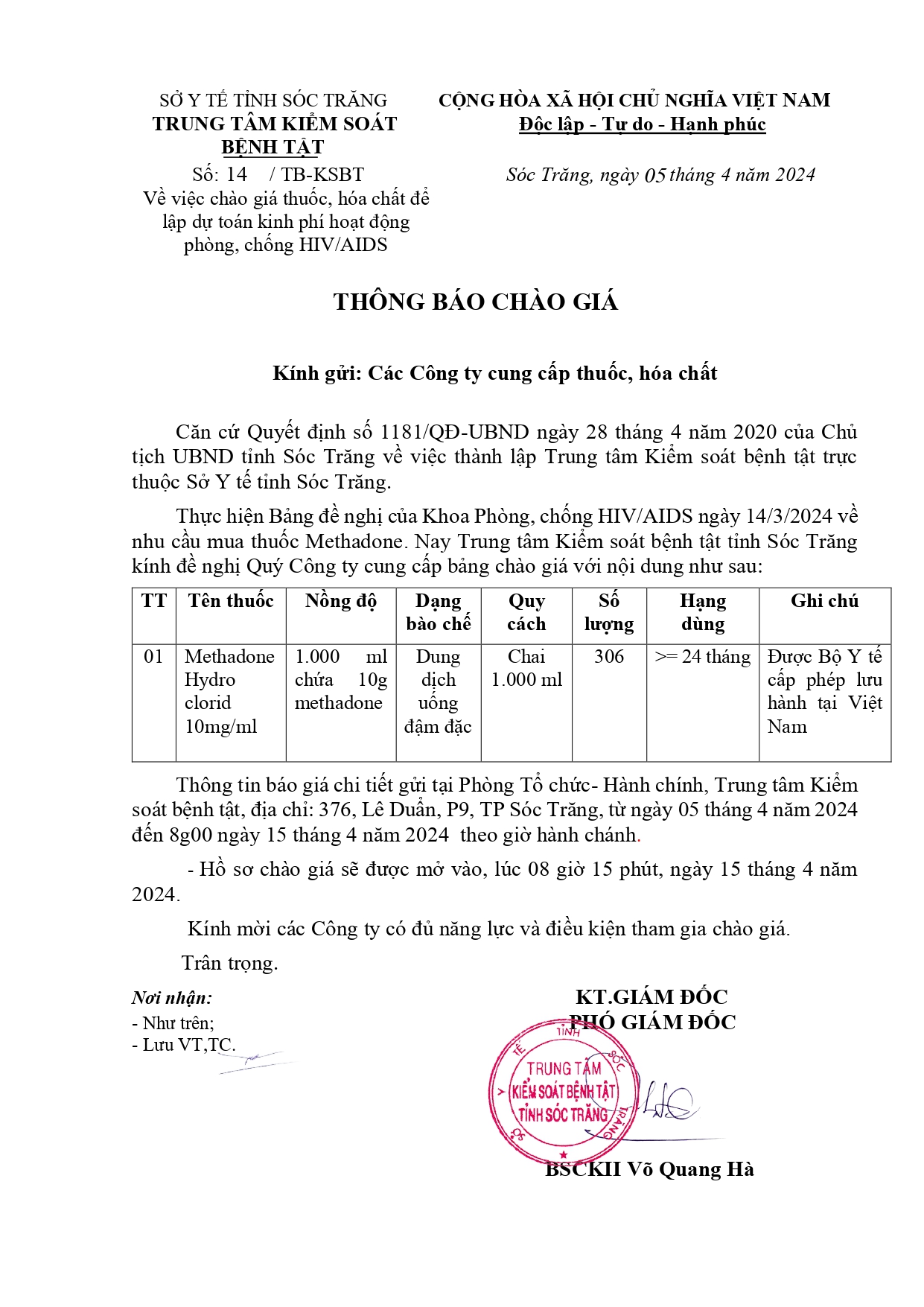 Thông báo về việc chào giá thuốc, hóa chất để lập dự toán kinh phí hoạt động phòng, chống HIV/AIDS
