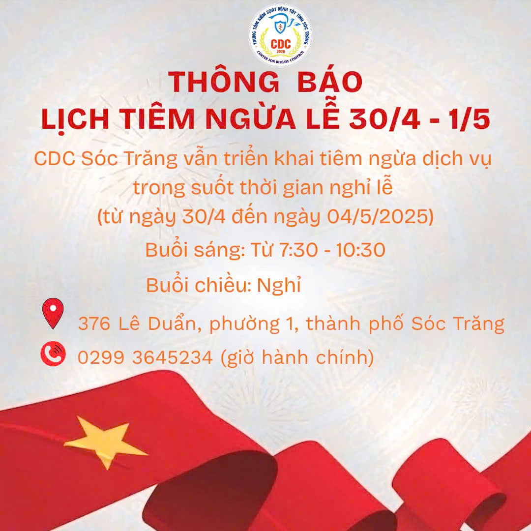Thông báo lịch tiêm ngừa lễ 30/4 - 01/5/2025