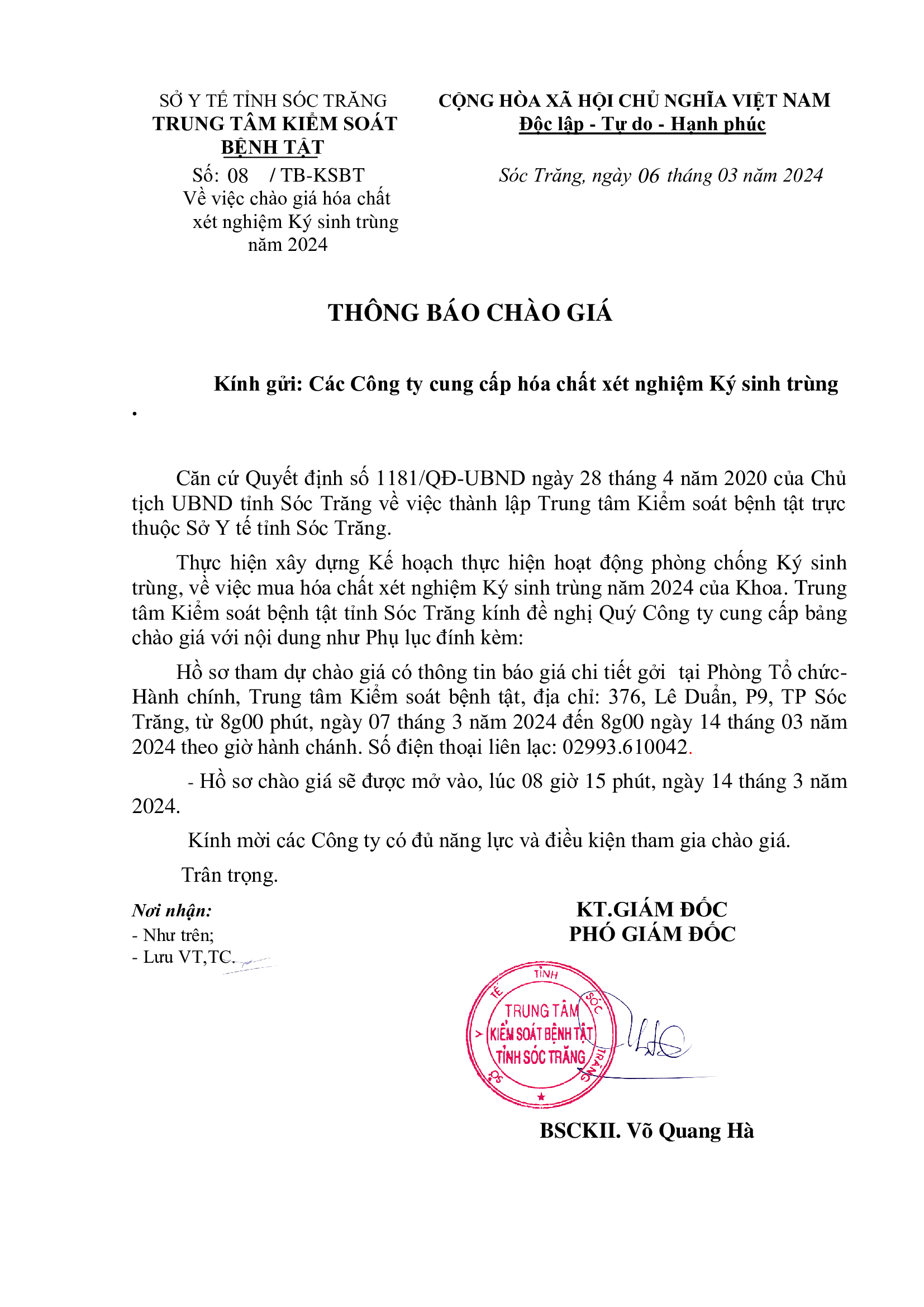 Thông báo chào giá hóa chất xét nghiệm Ký sinh trùng năm 2024