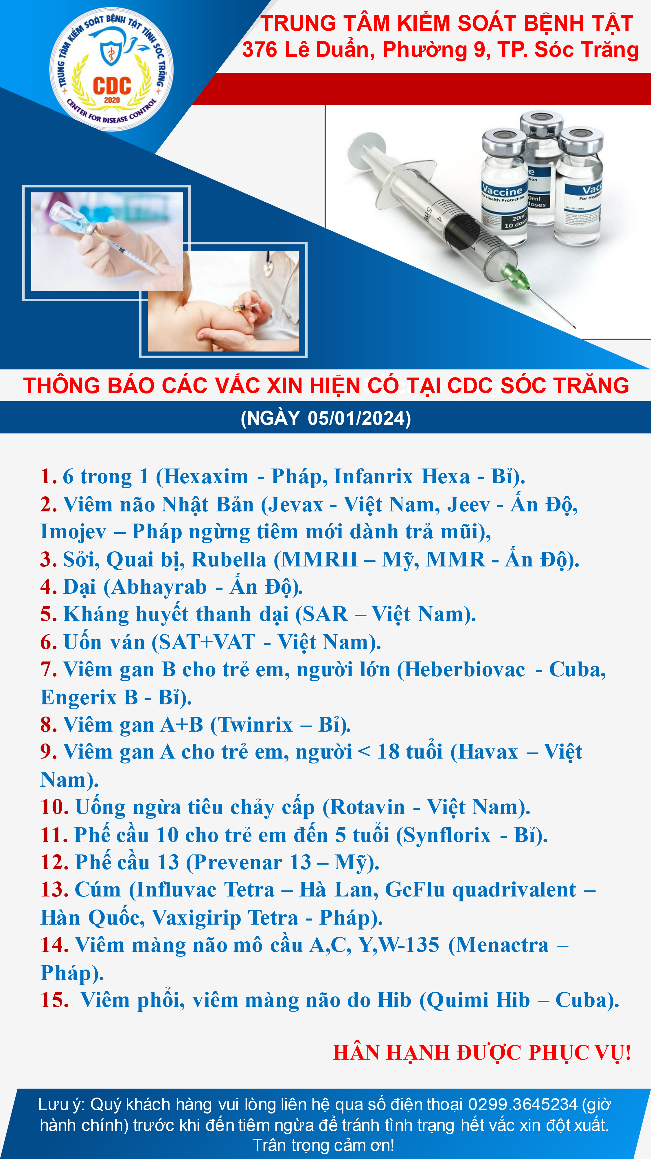 Thông báo các vắc xin hiện có tại CDC Sóc Trăng ngày 05/01/2024