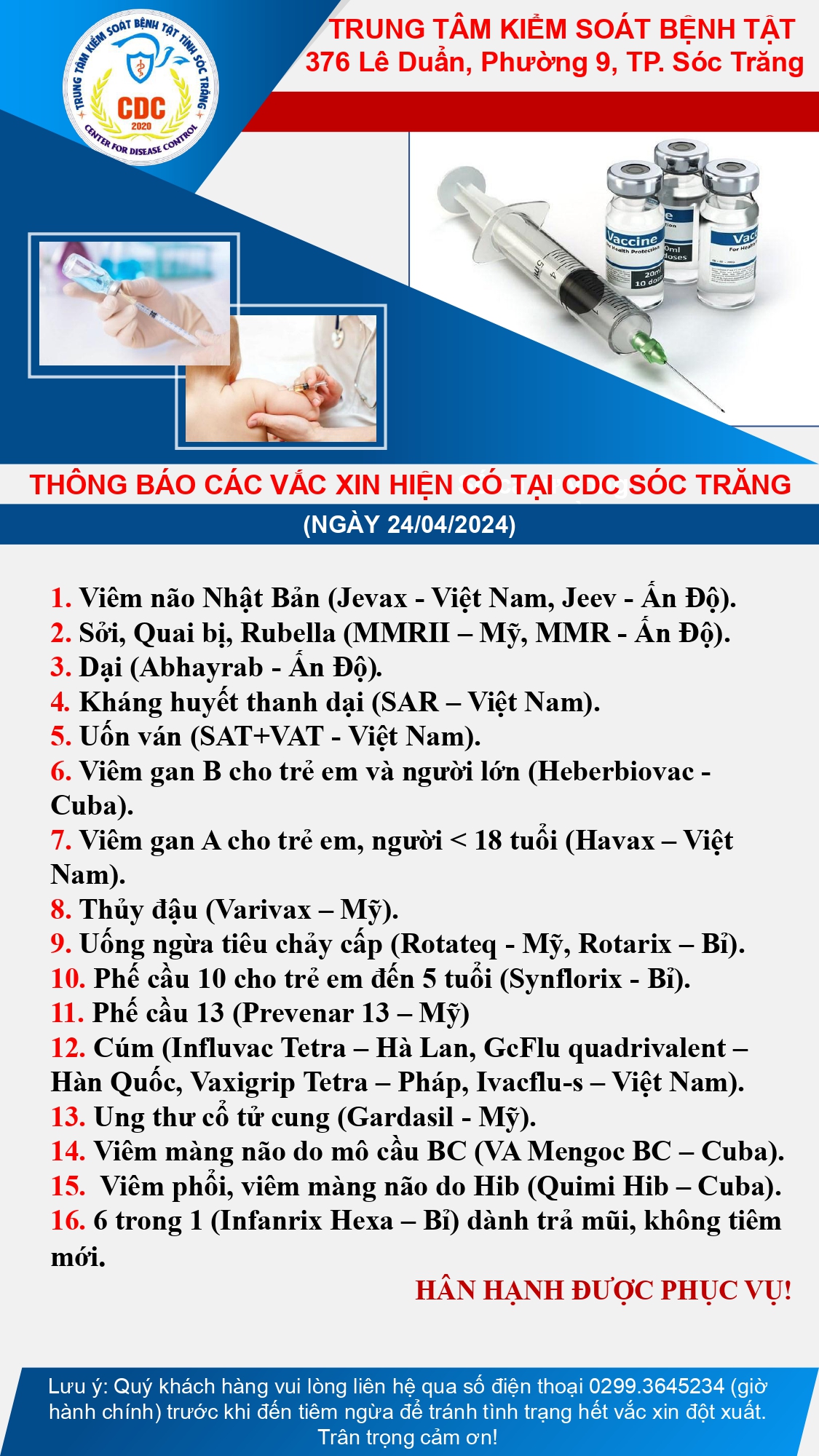 Thông báo các vắc xin hiện có tại CDC Sóc Trăng ngày 24/04/2024
