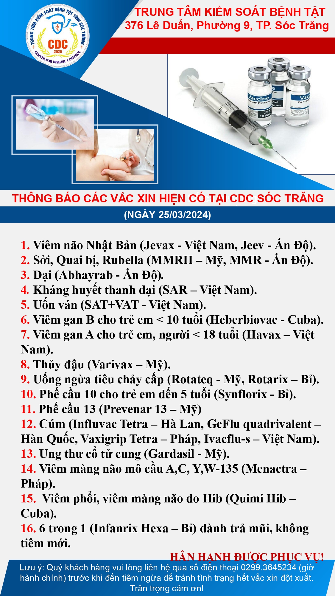 Thông báo các vắc xin hiện có tại CDC Sóc Trăng ngày 25/03/2024