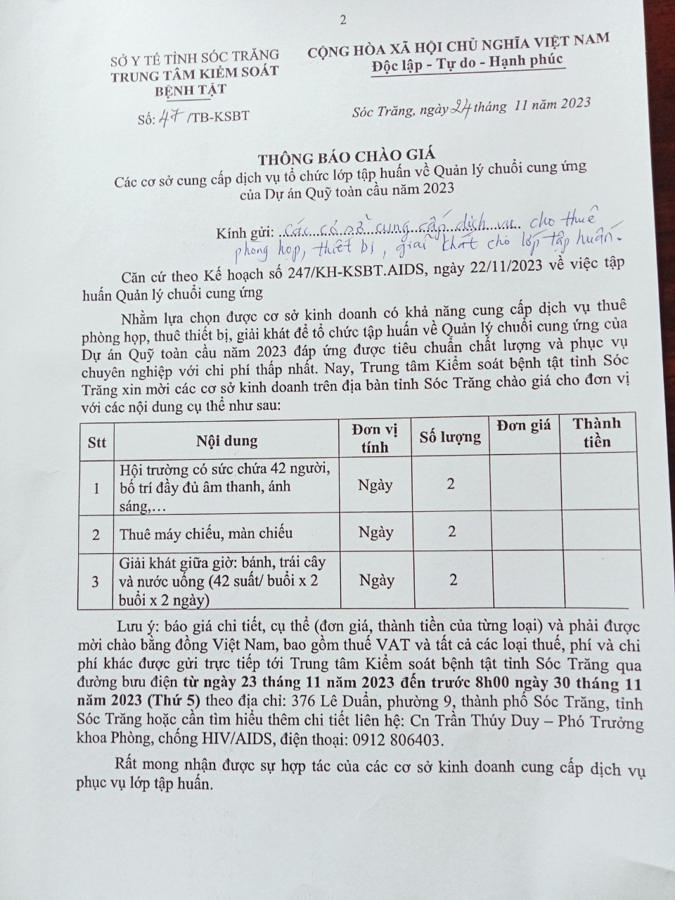 THÔNG BÁO CHÀO GIÁ Các cơ sở cung cấp dịch vụ tổ chức lớp tập huấn về Quản lý chuổi cung ứng của Dự án Quỹ toàn cầu năm 2023