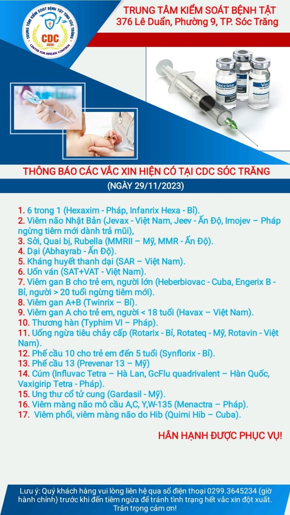 Thông báo các vắc xin hiện có tại  CDC Sóc Trăng ngày 29/11/2023