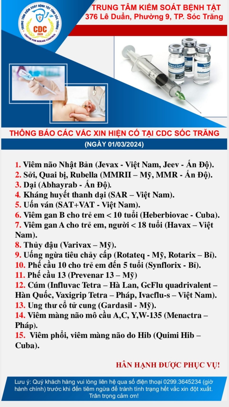 Thông báo các vắc xin hiện có tại CDC Sóc Trăng ngày 01/03/2024