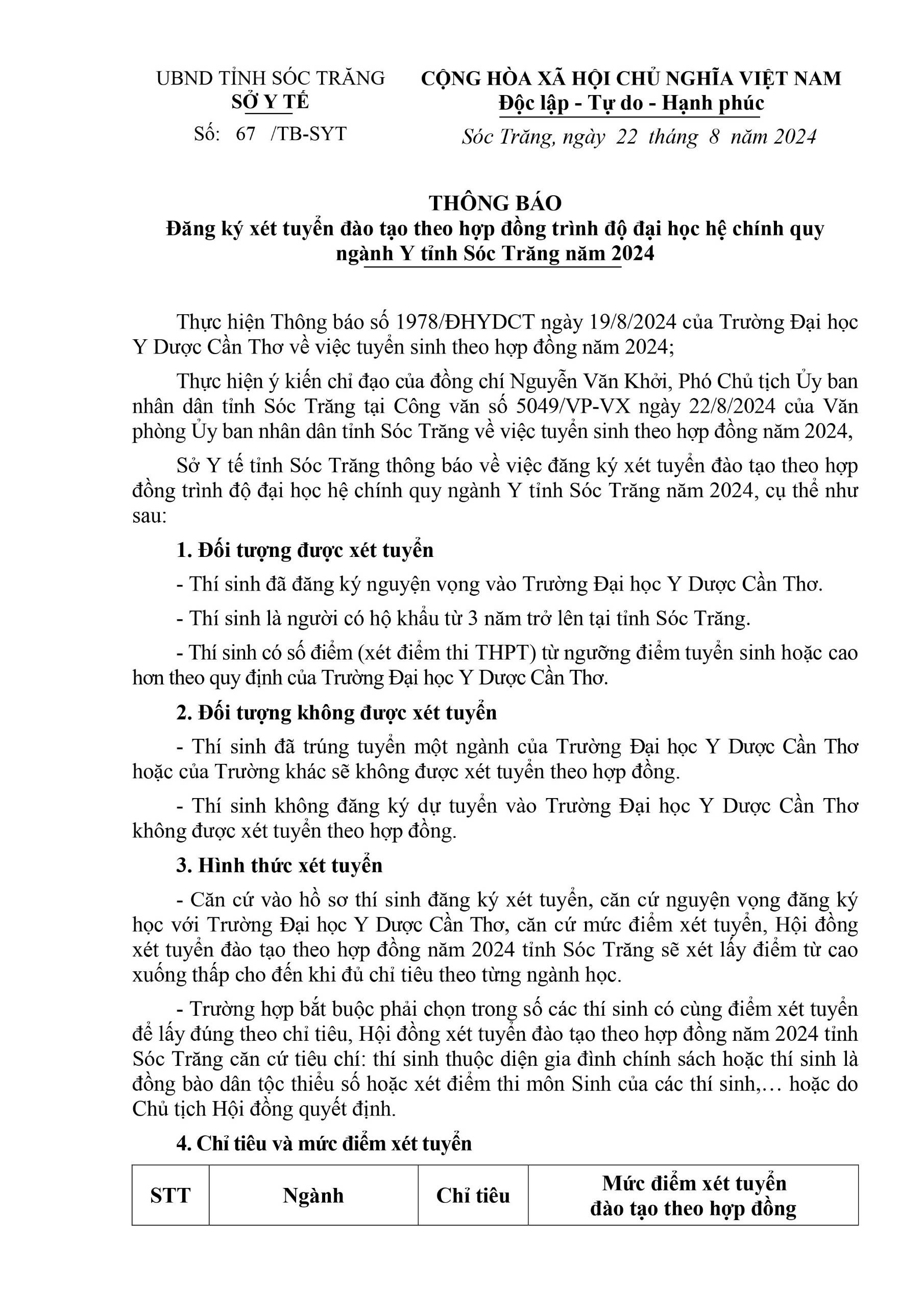 Đăng ký xét tuyển đào tạo theo hợp đồng trình độ đại học hệ chính quy ngành Y tỉnh Sóc Trăng năm 2024